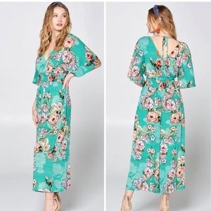 NWT Oddy | Floral Mint Green Wide Leg Faux Wrap Surplice Jumpsuit, Women’s Small